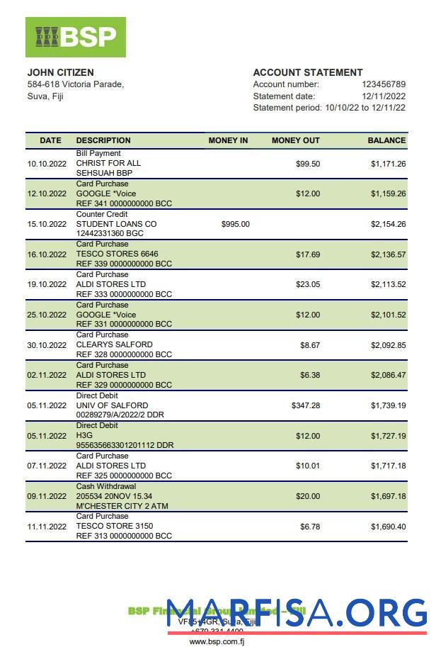 Blank Fiji Bank of South Pacific bank statement excel template